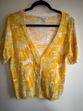 croft & barrow Yellow and Cream Floral Short Sleeve Button Cardigan
